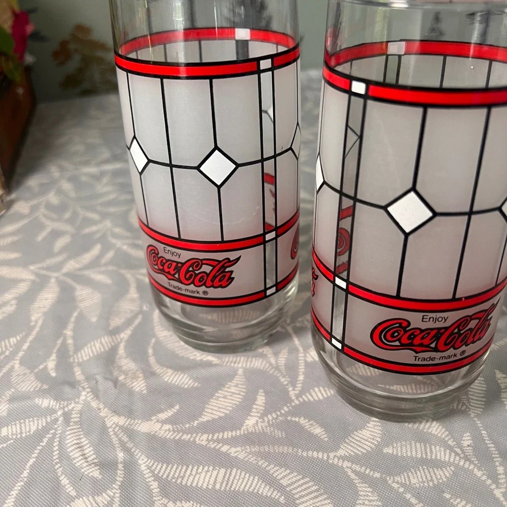 Vtg Coca-Cola Stained Glass Style Drinking Glasses Set of 2 Frosted Red White